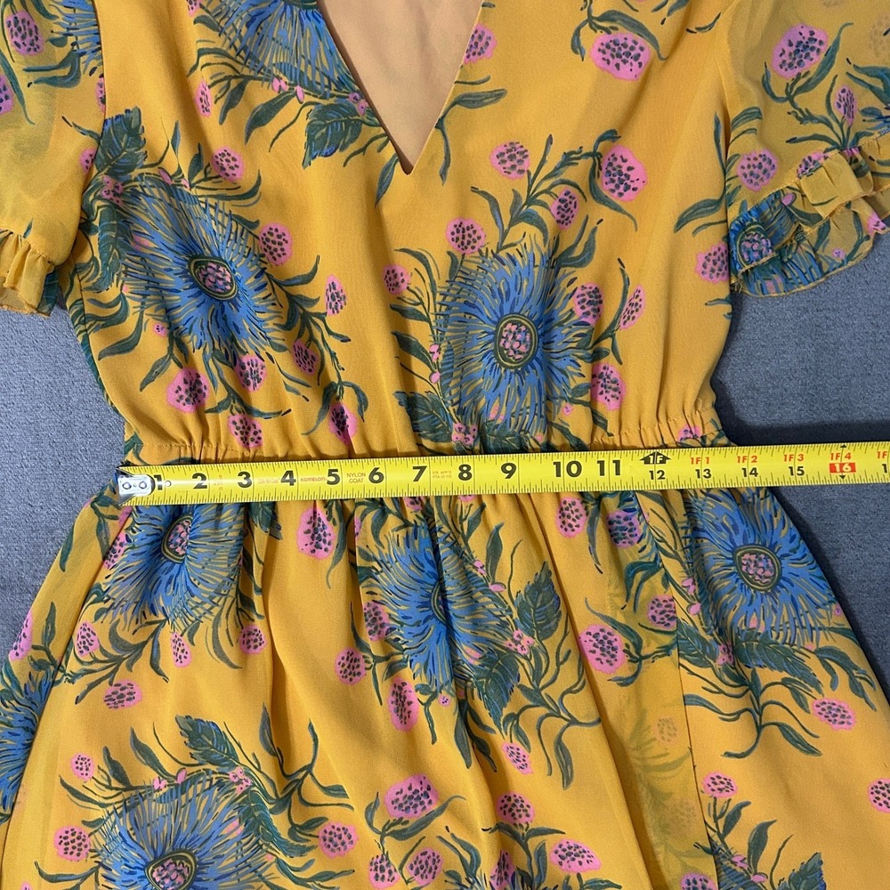 Madewell Dress Womens 6 Yellow Floral V-Neck Flutter Sleeve Elastic Waist Mini - Picture 7 of 10